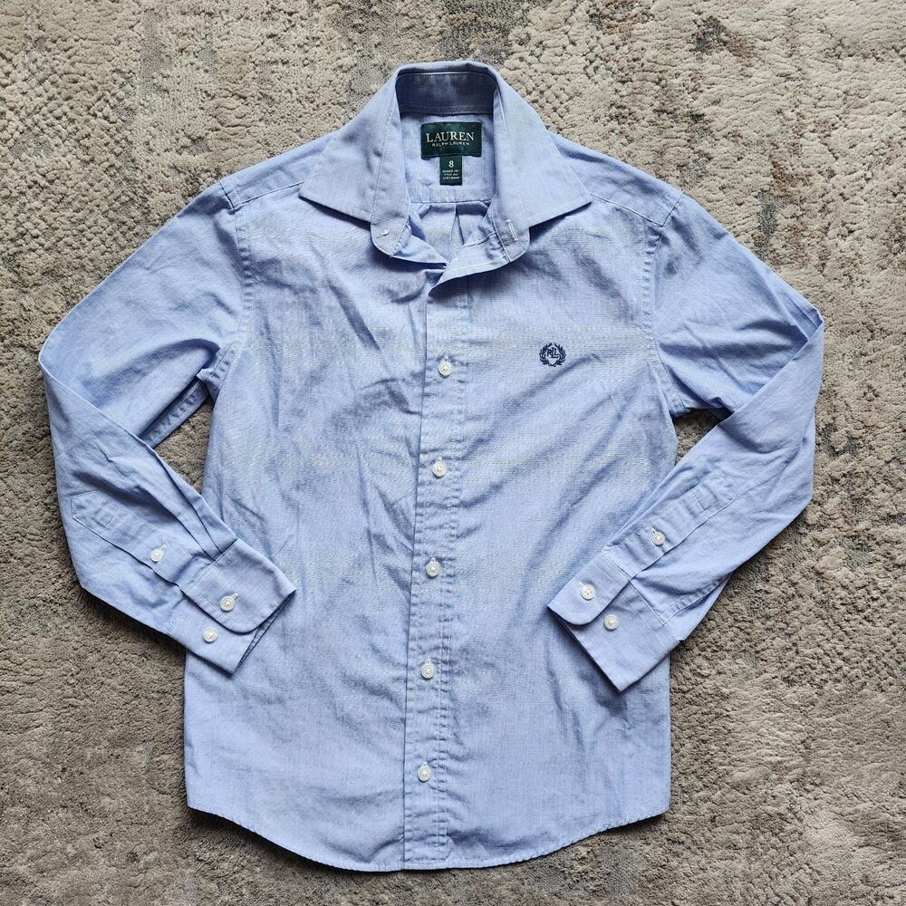 Lauren Ralph Lauren Sz 8 Blue Long Sleeve Button Down Shirt Boys LRL Crest Logo